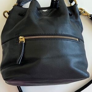 Fossil Black Pebbled Leather Boho Bucket Bag 2 Strap Crossbody Brass